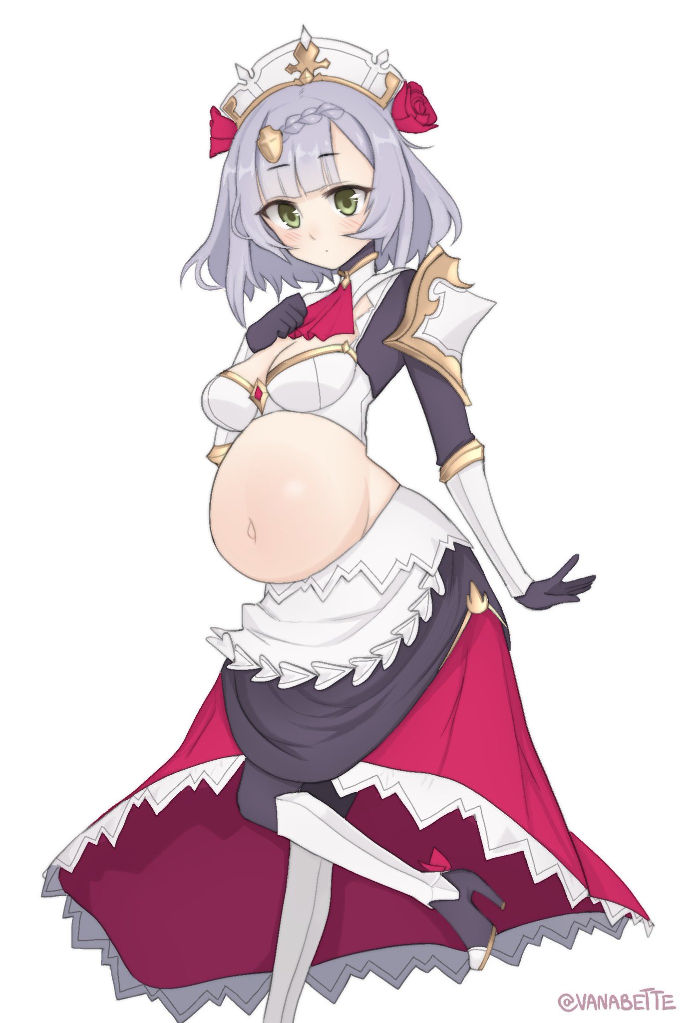 1girls, armor, artist name, belly button, big belly, blush, braided bangs, braided hair, color, colored, english text, eyebrows visible through hair, female, female only, flower, flowers, genshin impact, gloves, green eyes, large belly, light skin, light-skinned female, mihoyo, modified costume, noelle (genshin impact), pregnant, pregnant female, purple hair, ready to pop, rose, roses, short hair, shoulder armor, simple background, solid color background, solo, solo focus, text, vanabette, white background