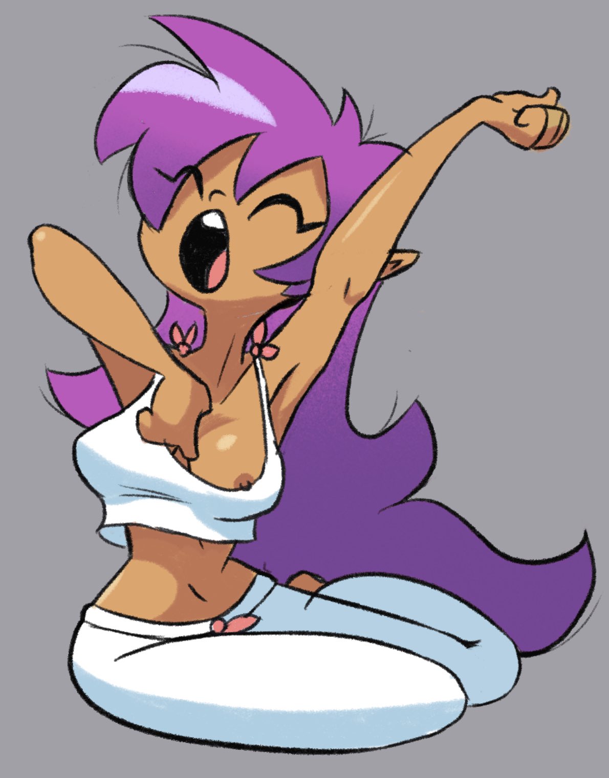 1girls armpits bigumbuttis brown_nipples dark_nipples long_hair nipple_slip pajamas pointy_ears purple_hair shantae shantae_(character) smooth_skin solo spicypepper stretching yawn yawning