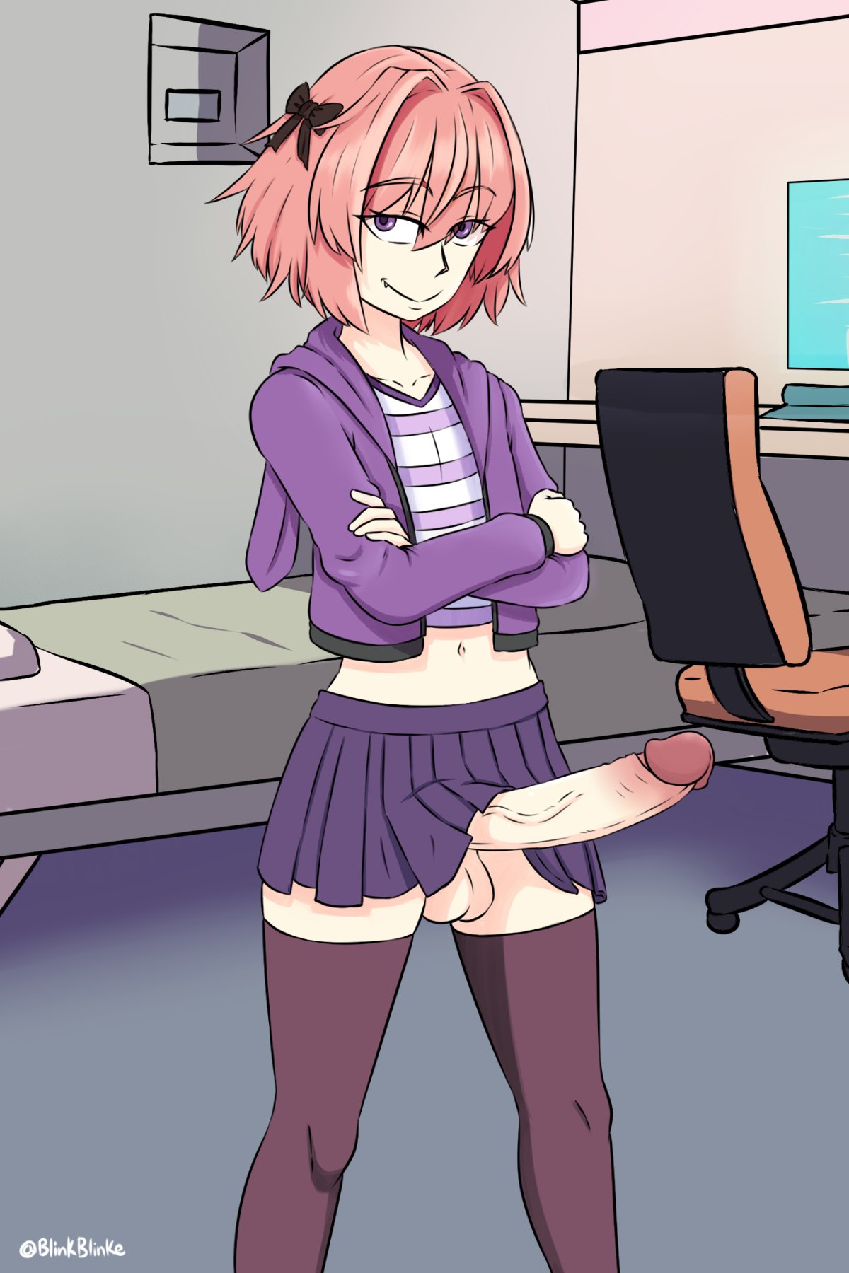 1boy, arms crossed, astolfo (fate), blinkblinke, crossdressing, fate (series), femboy, girly, huge cock, hung trap, male, male only, penis, pink hair, smug, solo, thighhighs, trap