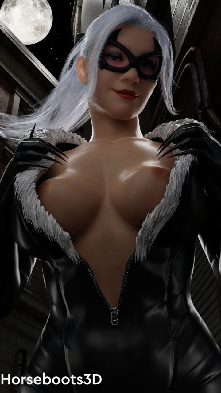 1girls, 2022, 3d, black cat (insomniac), black cat (marvel), blender, blender (software), bodysuit, felicia hardy, female, female only, fur coat, horseboots3d, marvel, marvel comics, night, skin tight, solo, spider-man (ps4), spider-man (series), tight clothes, tight clothing, white hair
