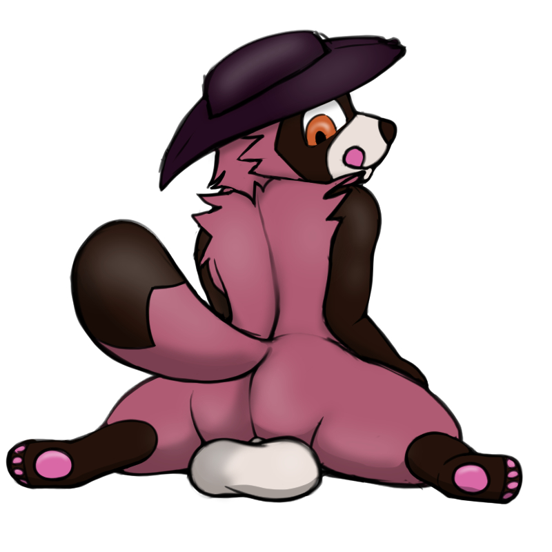 anthro ass balls canid canine clothing colored genitals hat hat_only headgear headgear_only headwear headwear_only looking_back male male_only mammal mostly_nude pawpads paws raccoon_dog raised_tail simple_background smile solo spread_legs spreading tanuki tongue tongue_out tony_keys trashbadger