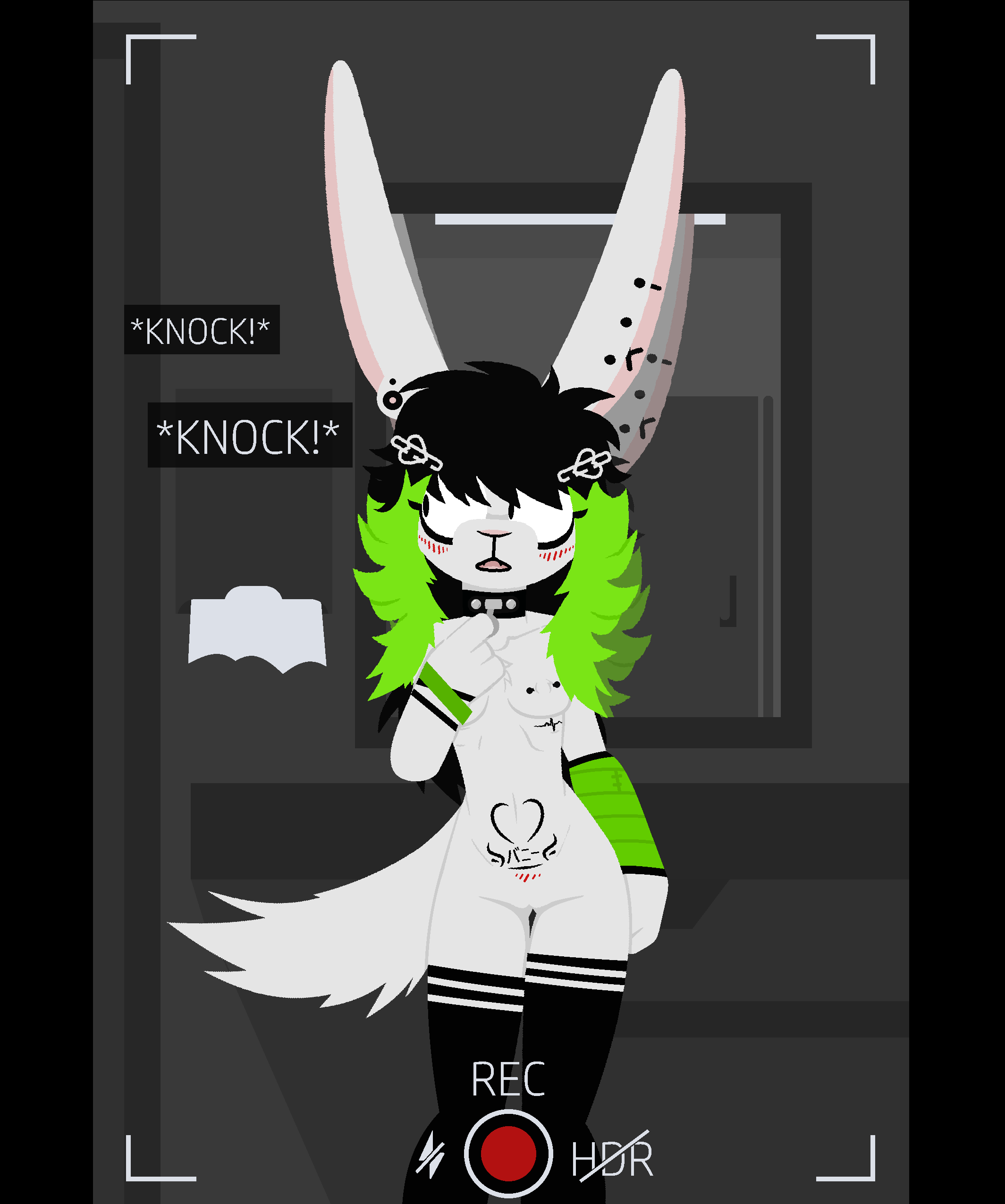 absurd_res accessory anthro bathroom blush blush_lines camera_view digital_media_(artwork) dog_brained eddy_(dog_brained) english_text female green_hair hair hair_accessory hairpin hi_res lagomorph leporid mammal nude piercing public public_restroom rabbit solo text