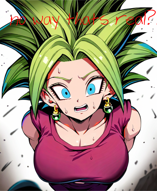 adult_swim ai_generated blue_eyes caption cuckold cuckold_pov denial dragon_ball dragon_ball_super earrings gorilla4sale_(artist) gorilla4sale_artist) green_hair in_awe kefla nervous netorare ntr penis_awe pov shocked shocked_expression small_penis_humiliation sweatdrop toonami