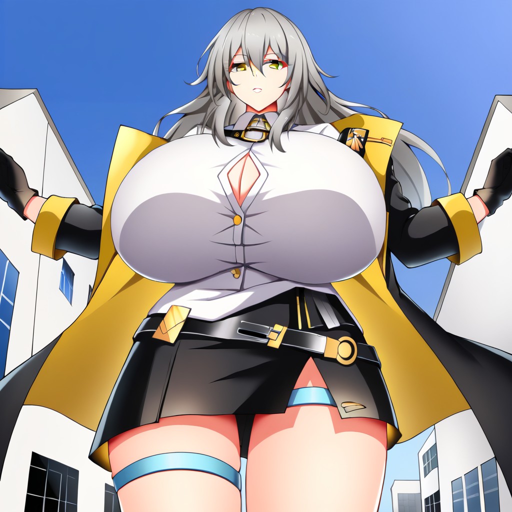 ai_generated fully_clothed giantess gigantic_breasts stelle_(honkai:_star_rail) thick_thighs thigh_squish