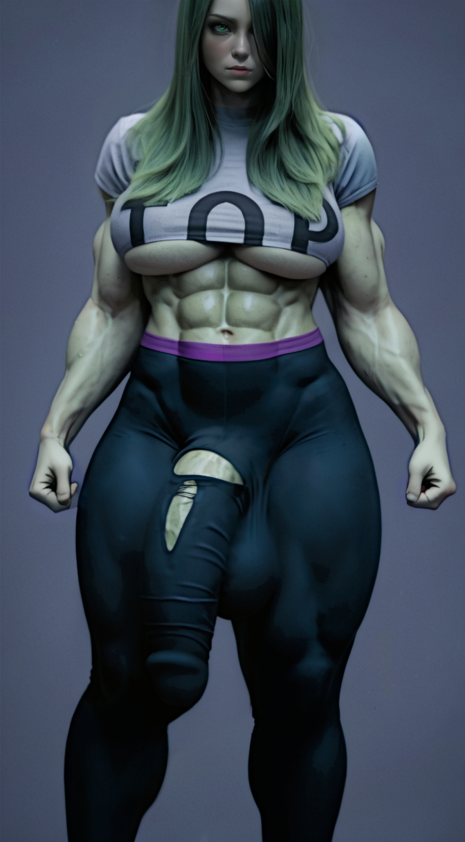 1futa abs ai_generated big_breasts big_penis breasts bulge bulge_through_clothing clothed clothing erection erection_under_clothes futa_only futanari green_hair green_skin hdregrets humanoid humanoid_penis large_balls long_hair marvel marvel_comics muscular muscular_futanari penis she-hulk solo standing talking_to_viewer text tight_clothing tights underboob