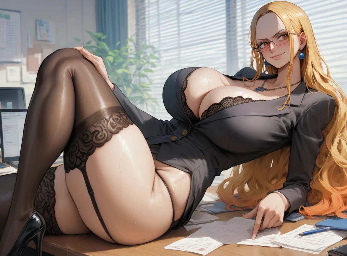 ai generated, bare legs, blonde hair, breasts, female, female only, ganggang, garter belt, gigantic breasts, glasses, high heels, huge breasts, huge thighs, kalifa (one piece), light skin, light-skinned female, long hair, looking at viewer, massive breasts, office lady, one piece, orange eyes, shounen jump, smile, smiling, solo female, squatting, sweat, sweatdrop, thick body, thick female, thick thighs, thighs, thighs bigger than head, very long hair, voluptuous, voluptuous female