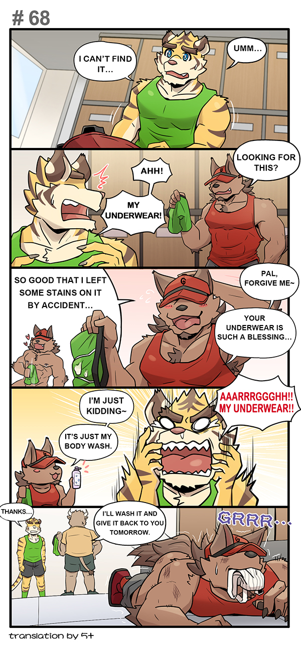 anthro boss_(gym_pals) bovid bovine canid canine canis cattle clothing comic felid gym_pals h155296 hat headgear headwear hi_res locker_room male mammal manager_(gym_pals) masturbation page_68 pal_(gym_pals) pantherine penile penile_masturbation tiger underwear wolf