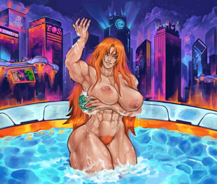 1girls ai.mi armpitcore420 armpits asher_(omega_strikers) bathing big_breasts blue_eyes breasts bush huge_breasts long_hair muscular muscular_female omega_strikers orange_hair pussy_hair third-party_edit