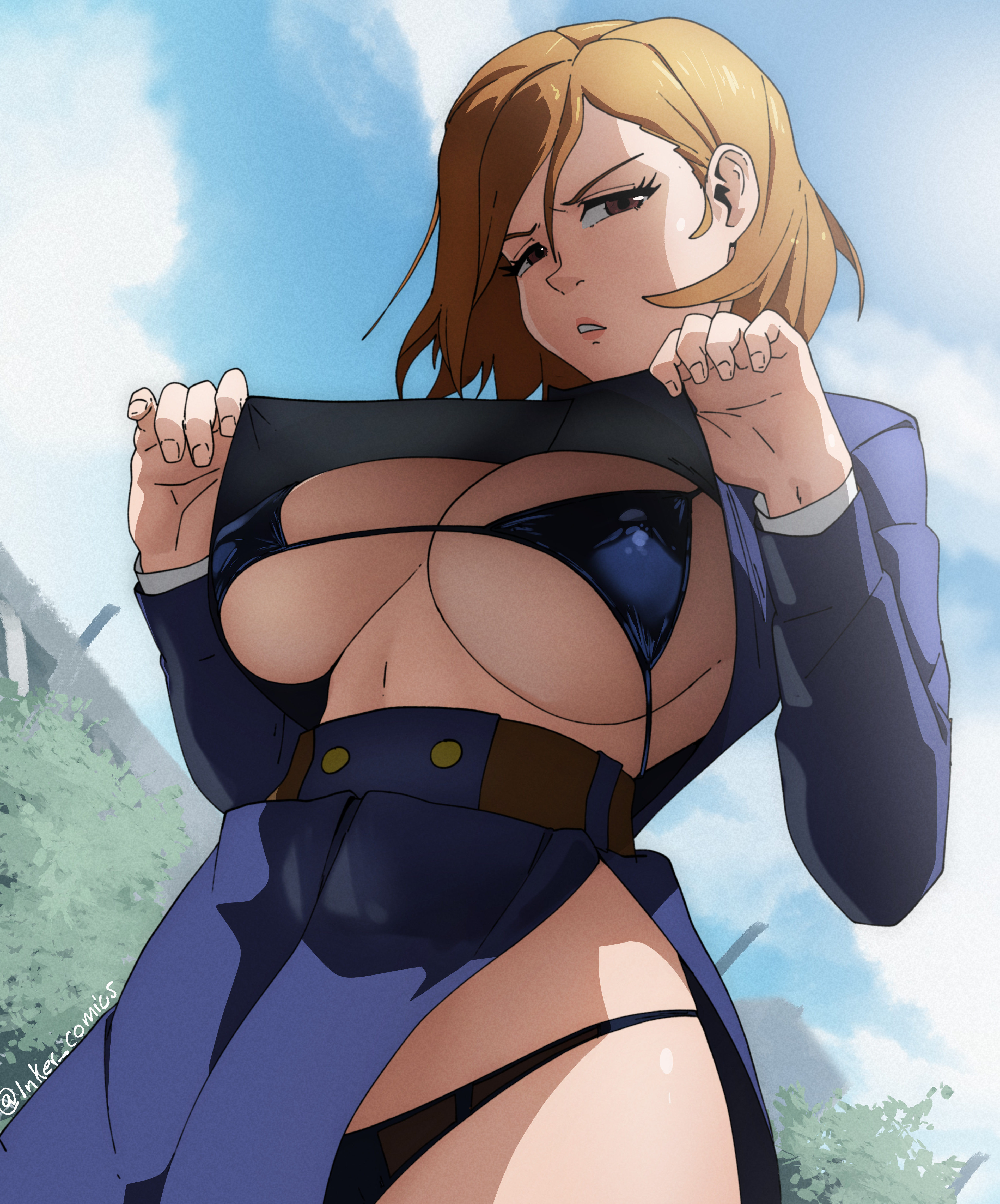 1girls, 2d, 2d (artwork), 2d artwork, absurdres, ass, bikini, black bikini, black bra, black panties, blue jacket, blue skirt, blue sky, bra, breasts, brown eyes, brown hair, brown-haired female, clothes lift, cloud, day, drpizzaboi1, female, female only, hair, highres, inker comics, inkershike, jacket, jujutsu kaisen, jujutsu tech uniform, kugisaki nobara, large breasts, lifting own clothes, looking at viewer, looking down, looking down at viewer, nipples, outdoors, panties, short hair, shurt lift, side slit, skirt, sky, solo, swimsuit