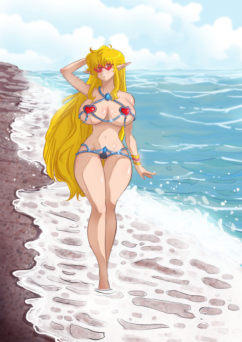 beach bikini blonde_hair elf elf_ears hourglass_figure huge_breasts long_hair looking_at_viewer original original_character pointy_ears samasan seaside voluptuous