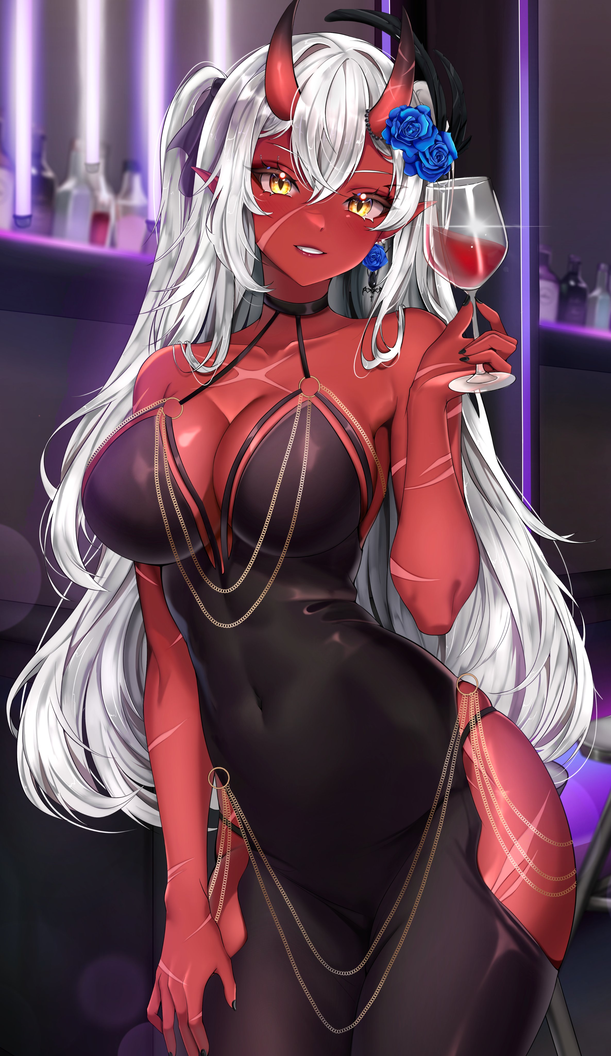 1girls, akumi, bangs, bare shoulders, black dress, black nails, blush, breasts, bridal gauntlets, choker, cleavage, collarbone, covered navel, cowboy shot, cup, dark skin, dress, drinking glass, earrings, elbow gloves, eyebrows visible through hair, female, fingernails, flower, gloves, hair between eyes, hair flower, hair ornament, hair ribbon, horns, indie virtual youtuber, indoors, jewelry, large breasts, long fingernails, long hair, looking at viewer, nail polish, navel, oni, oni horns, parted lips, pointy chin, pointy ears, red skin, rinko san, rinkosannn, scars, side slit, smile, solo, tits, very long hair, virtual youtuber, vyugen, white hair, wine, wine glass, yellow eyes