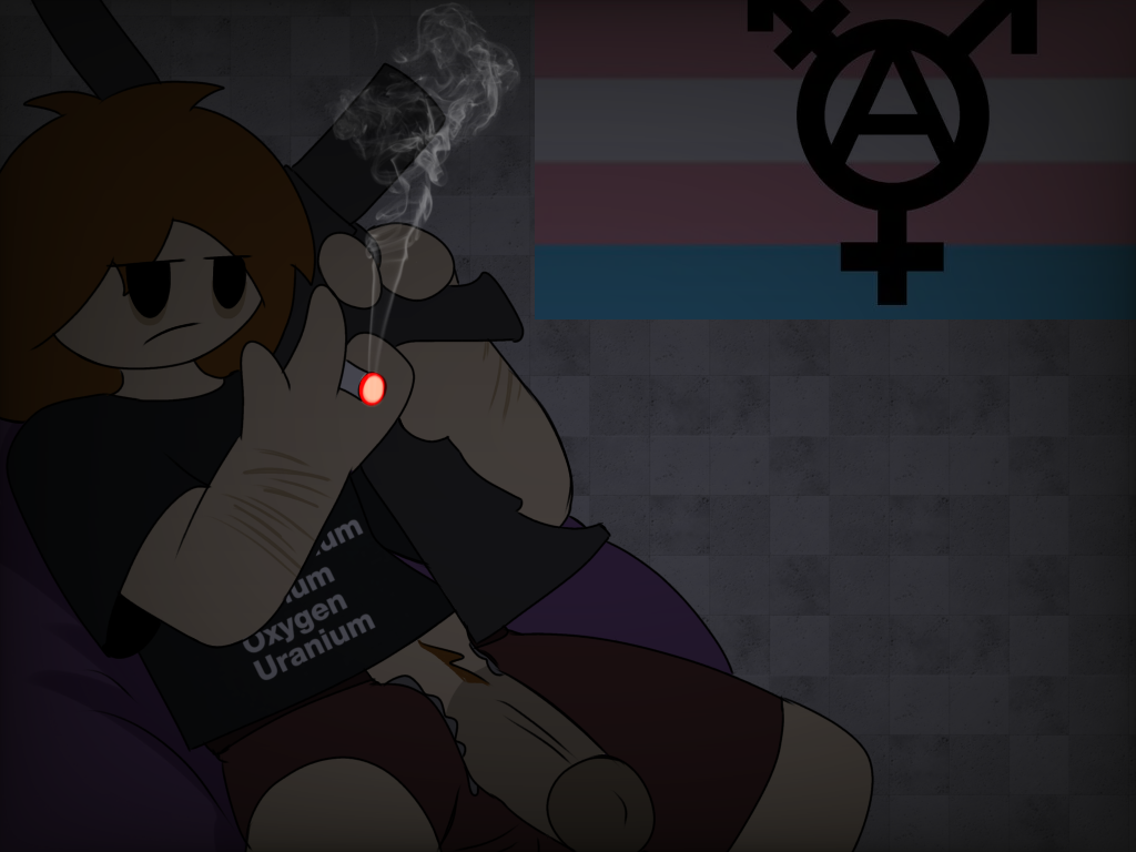 1boy anarchy_symbol beanbag brown_hair casual_nudity dark_lighting demonicseraphim holding_gun large_penis male scars shadow_(demonicseraphim) short_hair smoking solo trans_flag transgender_symbol unzipped_shorts