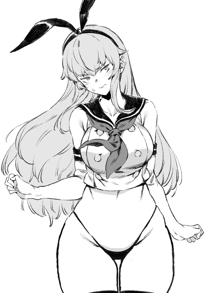 bacius black_thong breasts edit elbow_gloves embarrassed female g-string gloves greyscale highres kantai_collection large_breasts long_hair monochrome narrow_shoulders navel no_pants no_skirt older shimakaze_(kantai_collection) simple_background sketch thighhighs thin_waist thong uncomfortable very_long_hair white_background wide_hips