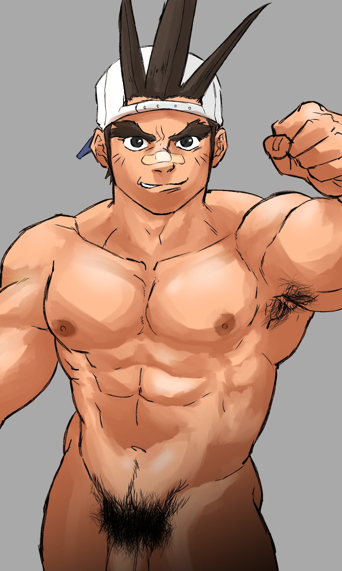 1boy abs antenna_hair armpit_hair armpits bandaid bara capcom clenched_hand completely_nude cowboy_shot fugur6_fugur9 highres huge_eyebrows looking_at_viewer male male_focus male_only male_pubic_hair muscular muscular_male navel navel_hair nipples nude out-of-frame_censoring pubic_hair rival_schools sanpaku shoma_sawamura short_hair smirk solo standing stomach video_games