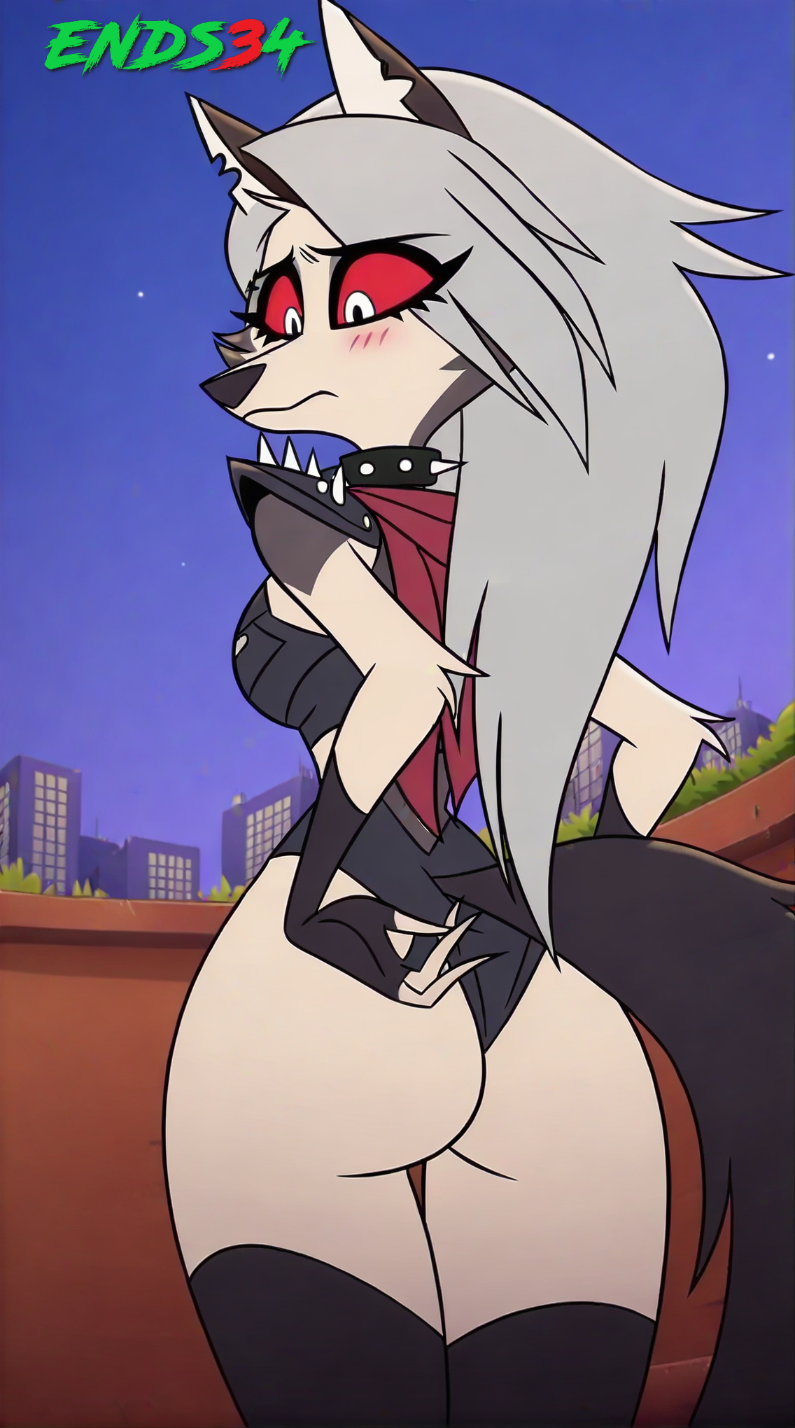 1girls, ai generated, alternate costume, anthro, ass, ass focus, ass grab, big ass, blush, breasts, canine, cosplay, demon, demon girl, ends34, female, female only, fingerless gloves, furry, furry female, goth, goth girl, grey fur, grey hair, hellhound, helluva boss, long hair, loona (helluva boss), malice (marvel rivals), malice loona (mangakitsune2), marvel, marvel comics, marvel rivals, notched ear, red sclera, silver hair, spiked collar, stockings, tail, thick thighs, thighhighs, two-tone body, two-tone fur, white body, white eyes, white fur, wolf, wolf girl, worried