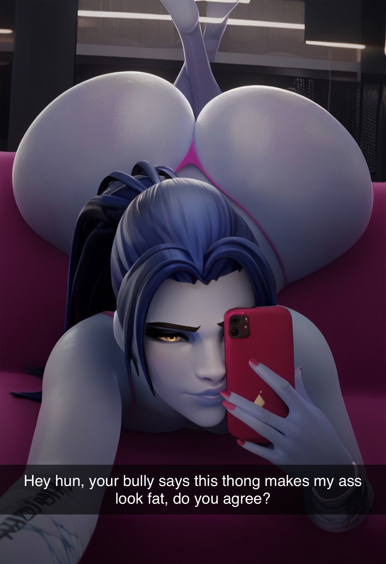 1girls, ai generated, almost naked, ass, ass focus, ass up, big ass, english text, fat ass, female, female only, huge ass, overwatch, phone, snapchat, text, thong, wide hips, widowmaker