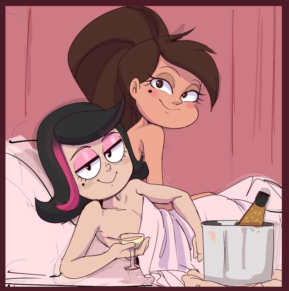 2boys and androgynous bed brown_eyes brown_hair champagne dbaru disney disney_channel femboy feminine_body feminine_male guy_hamdon in_bed latino_male marco_diaz no_text ponytail princess_marco shezow shezow_(character) side_view smile smiling smiling_at_viewer yaoi