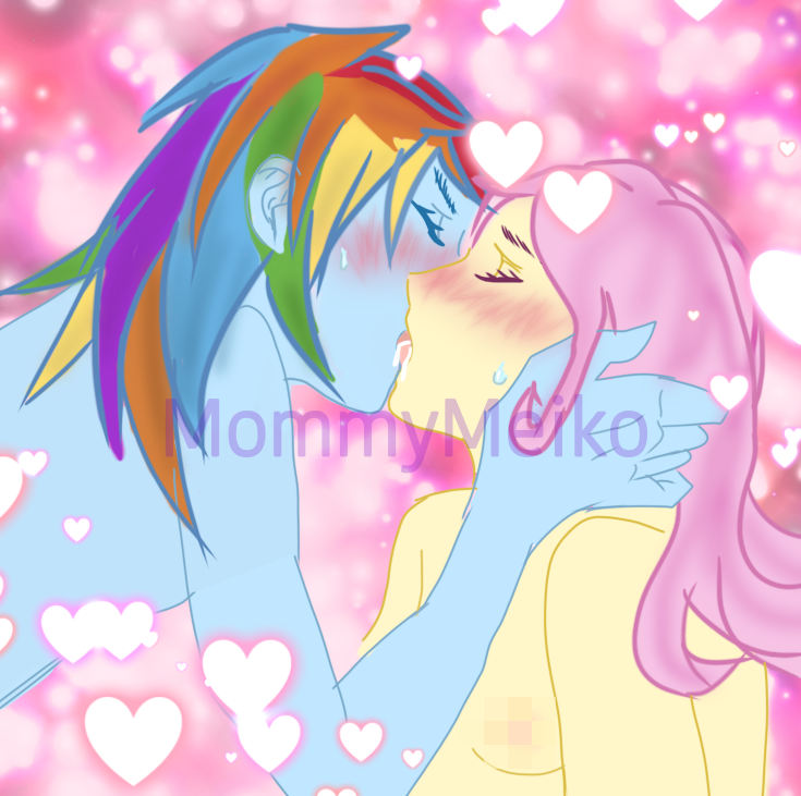 2girls blue_skin blush breasts censored couple cute drawing female fluttershy_(mlp) heart kiss kissing multicolored_hair my_little_pony naked nsfw pink_hair rainbow_dash_(mlp) rainbow_hair saliva straight_hair yellow_skin yuri