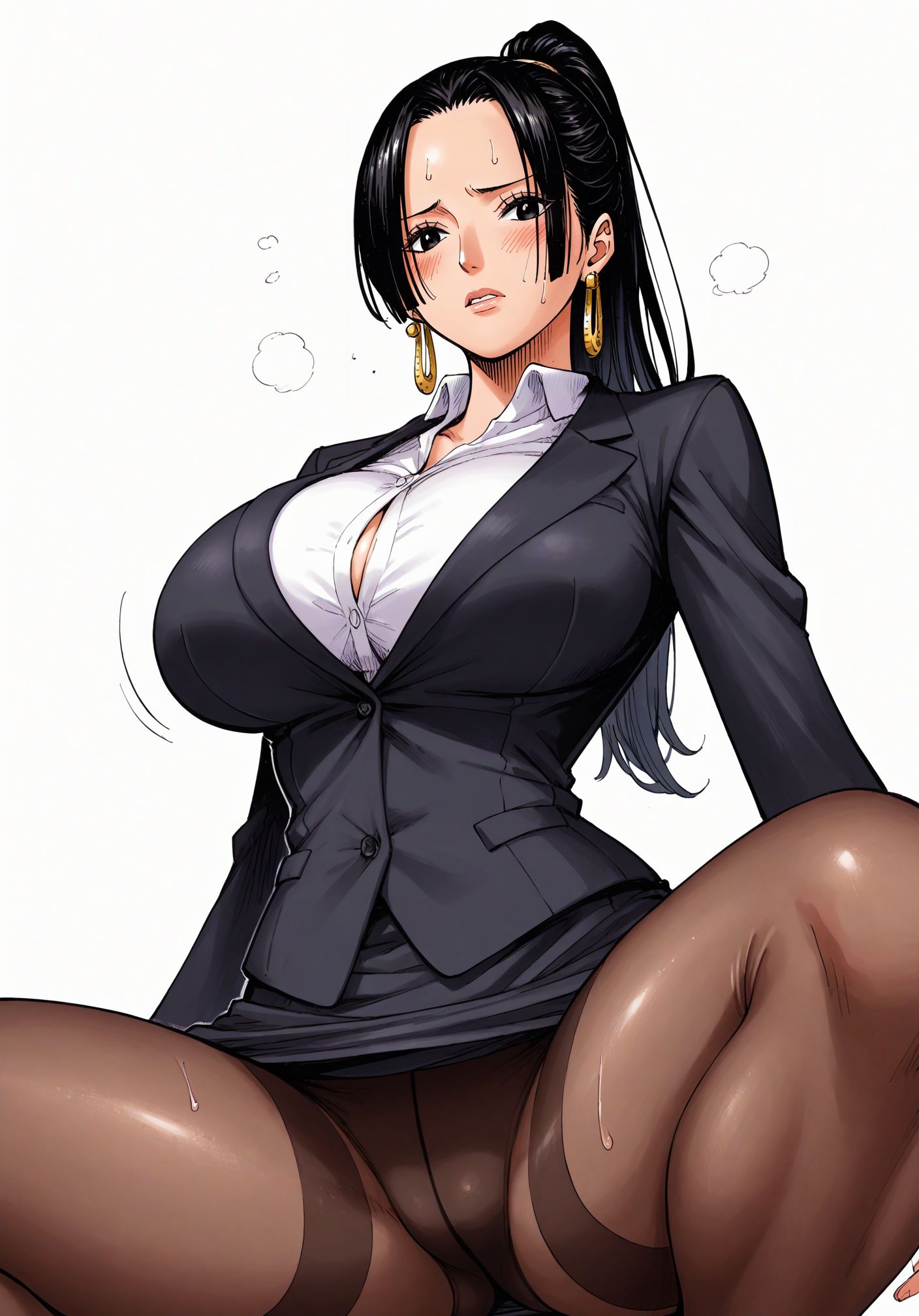 ai_generated alluring big_breasts black_eyes black_hair boa_hancock breasts earring earrings female female_only long_hair looking_at_viewer office_lady one_piece ponytail seducing seduction seductive seductive_body seductive_eyes seductive_gaze seductive_look seductive_mouth seductive_pose shiny_hair shiny_skin snake_earrings sweat sweatdrop sweating sweaty sweaty_body voluptuous voluptuous_female yashin