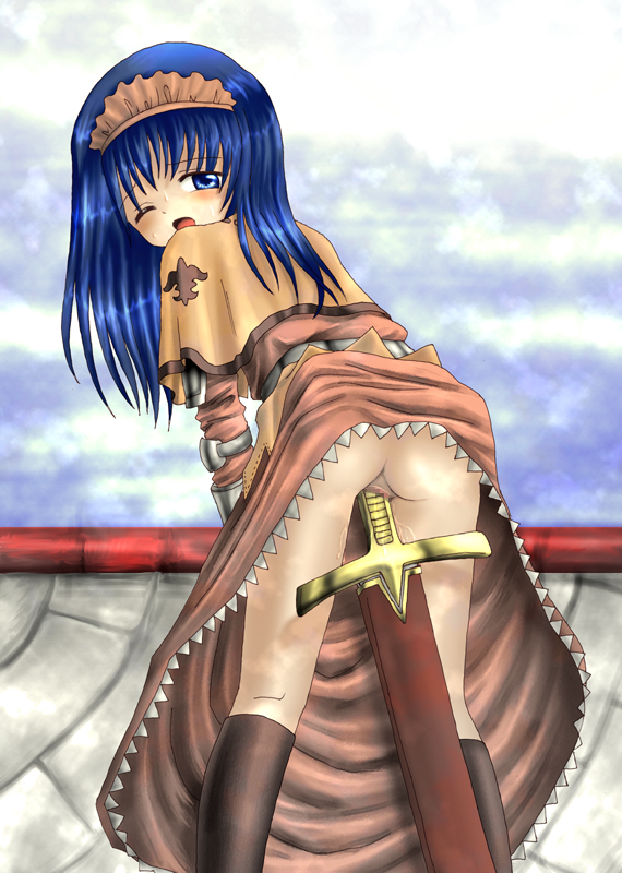 blue_eyes blue_hair blush exhibitionism insertion ragnarok_online sex_toy_insertion sword swordsman swordsman_(ragnarok_online) vaginal_penetration weapon_penetration