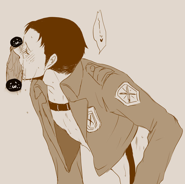 1boy attack_on_titan brown_hair closed_eyes disembodied_penis fellatio gay jacket_only licking_penis male male/male male_only marco_bodt oral precum_drip precum_on_face shingeki_no_kyojin straps sweat yaoi