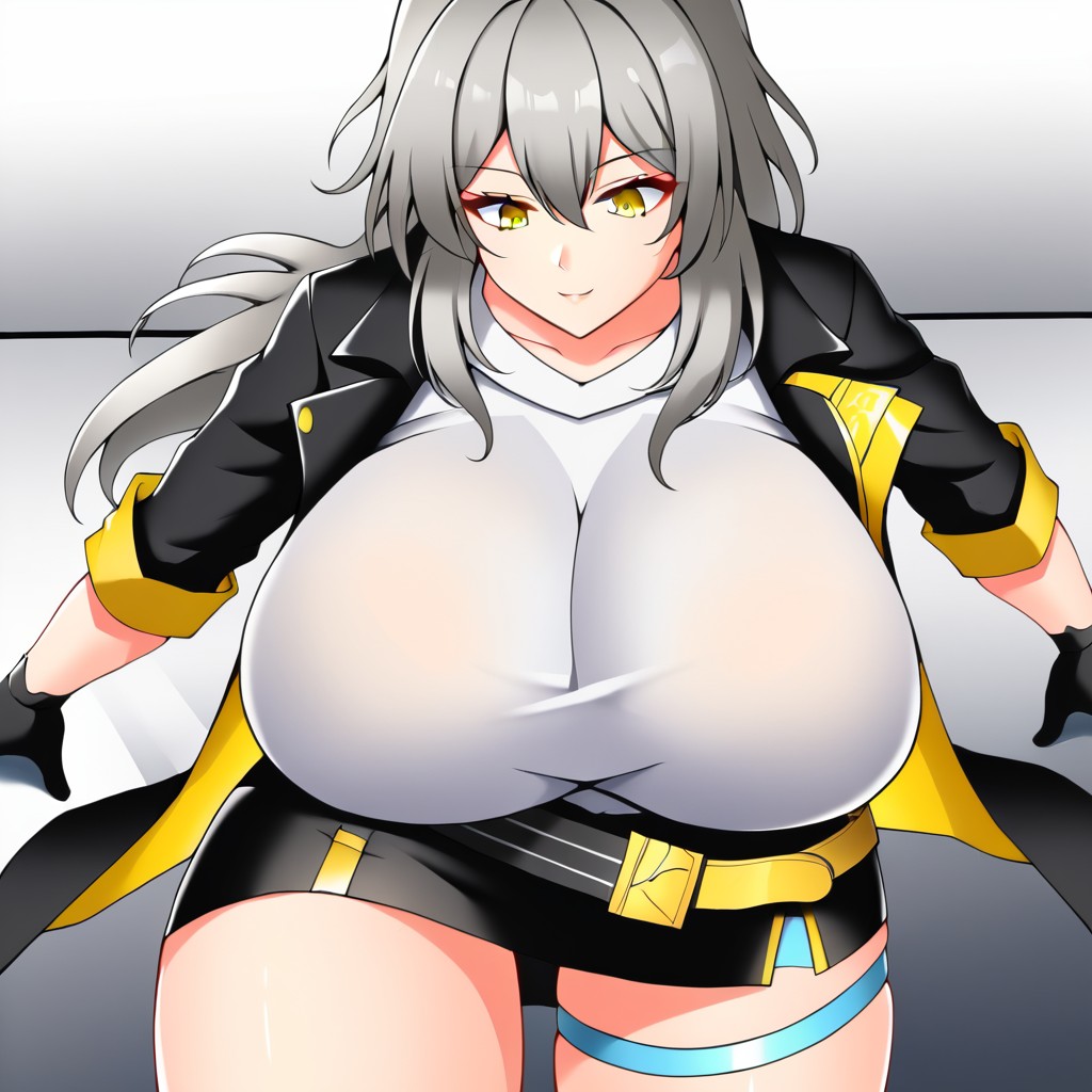 ai_generated fully_clothed giantess gigantic_breasts stelle_(honkai:_star_rail) thick_thighs thigh_squish