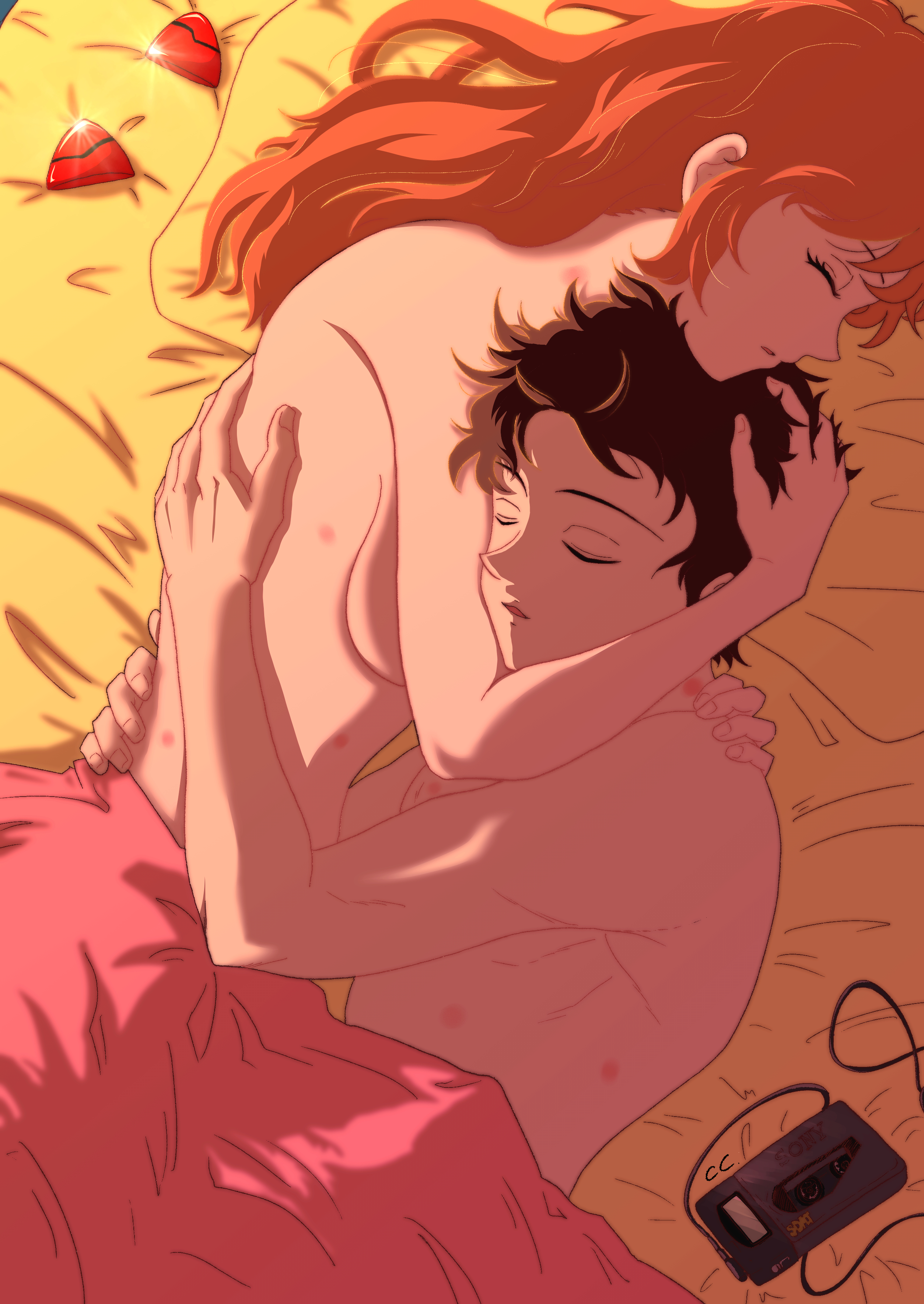1boy, 1girls, adult, after sex, aged up, arms around neck, arms around partner, asuka langley sohryu, bed, bed sheet, bedroom, breasts, brown hair, cc (taeki512), completely nude, covering breasts, cuddling, female, hairclip, hands in hair, head between breasts, hickey, holding head, holding partner, hug, hugging, laying on bed, long hair, male, medium breasts, morning after, neon genesis evangelion, nude, nude female, nude male, on bed, on side, red hair, romantic, romantic couple, shinji ikari, short hair, sleeping, sleeping nude, wholesome