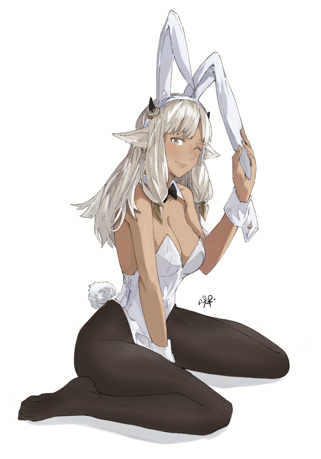 1girls alternate_costume animal_ears ash_(fire_emblem) bare_shoulders black_bow black_horns black_legwear blush bow bowtie breasts brown_eyes bunny_ears bunny_girl bunnysuit cleavage closed_eyes commentary cow_ears cow_horns dark-skinned_female dark_skin detached_collar ear_piercing english_commentary fake_animal_ears fake_tail female female female_only fingernails fire_emblem fire_emblem_heroes grey_hair hair_ornament highres horns leotard long_hair medium_breasts nintendo no_shoes one_eye_closed pantyhose piercing playboy_bunny rabbit_ears rabbit_tail sakuremi signature simple_background sitting sleeveless smile solo strapless strapless_leotard tail wariza white_background white_leotard wrist_cuffs