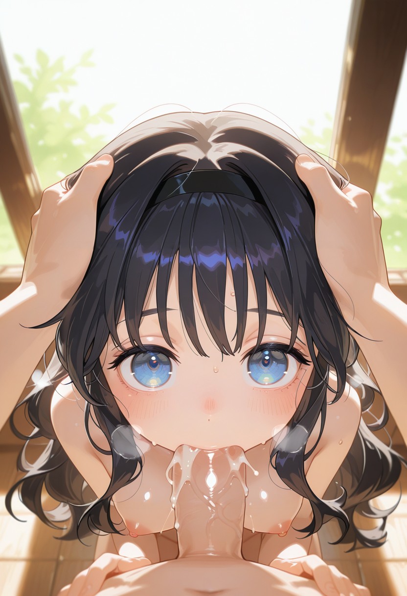 ai generated, anime, black hair, blowjob, blue eyes, cum, grabbing head, head band, head grab, highres, kaoru hana wa rin to saku, looking at viewer, male, nipples, oral sex, penis, pink nipples, pov, sunlight, sweat, waguri kaoruko, wavy hair