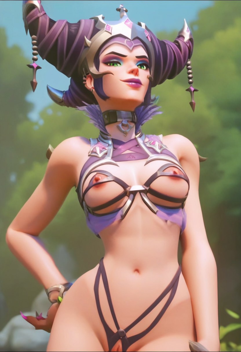 1girls ai_generated ashe_(overwatch) calamity_empress_ashe choker cowboy_shot crown dark_hair eyeshadow female green_eyes hair_horns hair_ornament hair_ribbon hand_on_hip jewelry lipstick looking_at_viewer mythic_skin nail_polish outdoors overwatch partially_nude pink_lipstick pink_nails purple_eyeshadow ribbon solo tree