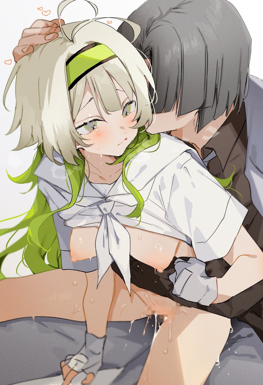 1boy antenna_hair arm_between_legs arm_support black_shirt black_skirt blush censored character_request closed_mouth clothed_sex clothes_lift collared_shirt commission copyright_request female gloves green_hair green_hairband grey_eyes grey_hair grey_necktie grey_pants hairband hand_on_another's_head heart highres long_hair mosaic_censoring multicolored_hair neckerchief necktie nonoyama pants pussy pussy_juice reverse_upright_straddle sailor_collar school_uniform serafuku sex shirt shirt_lift short_hair sidelocks simple_background skirt straight thighs two-tone_hair white_background white_gloves white_neckerchief white_sailor_collar white_shirt