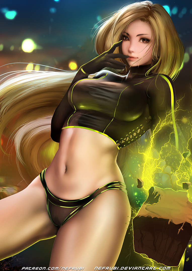 1girls black_shirt blonde_hair brown_eyes dc dc_comics long_hair medium_breasts midriff nefrubi panties teen_titans terra_(dc)