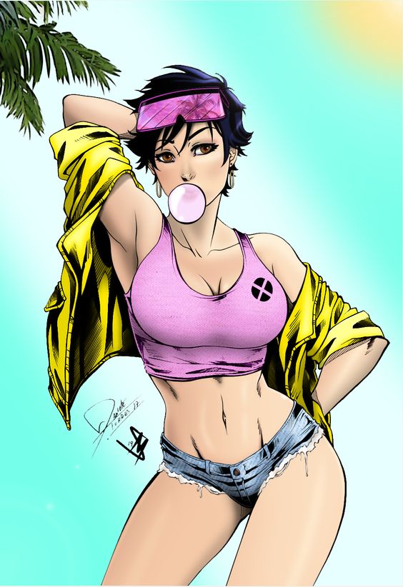 1girls beach belly_button blowing_bubblegum bubble_gum daniele_torres eyewear_on_head female female_only fully_clothed hand_behind_head hips jubilation_lee jubilee large_breasts marvel marvel_comics posing short_hair_female short_shorts solo x-men