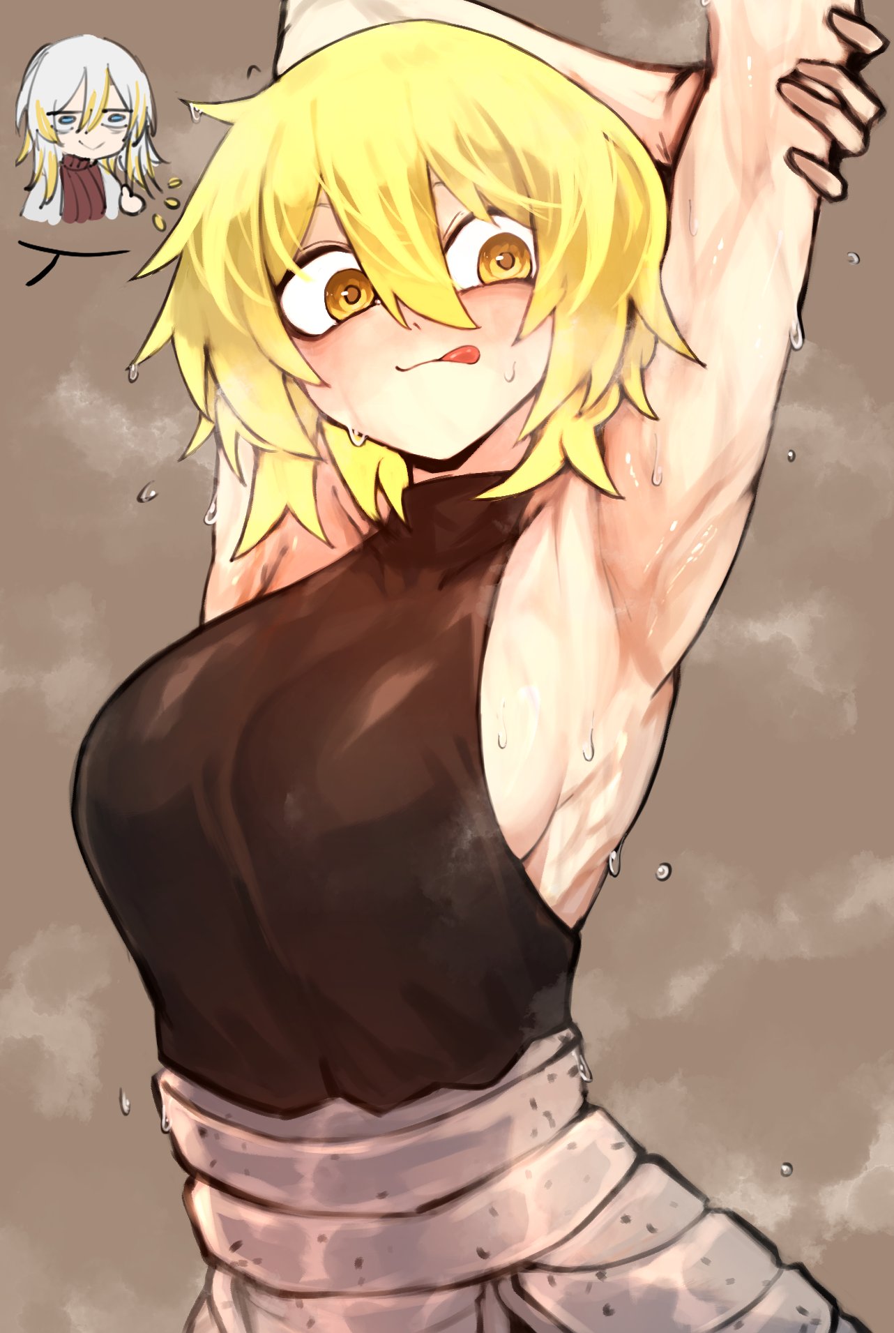 2girls armpits arms_up big_breasts blonde_hair blush clothed don_quixote_(limbus_company) limbus_company looking_at_viewer presenting project_moon shigezie short_hair sideboob smile standing sweat thumbs_up tongue_out yellow_eyes