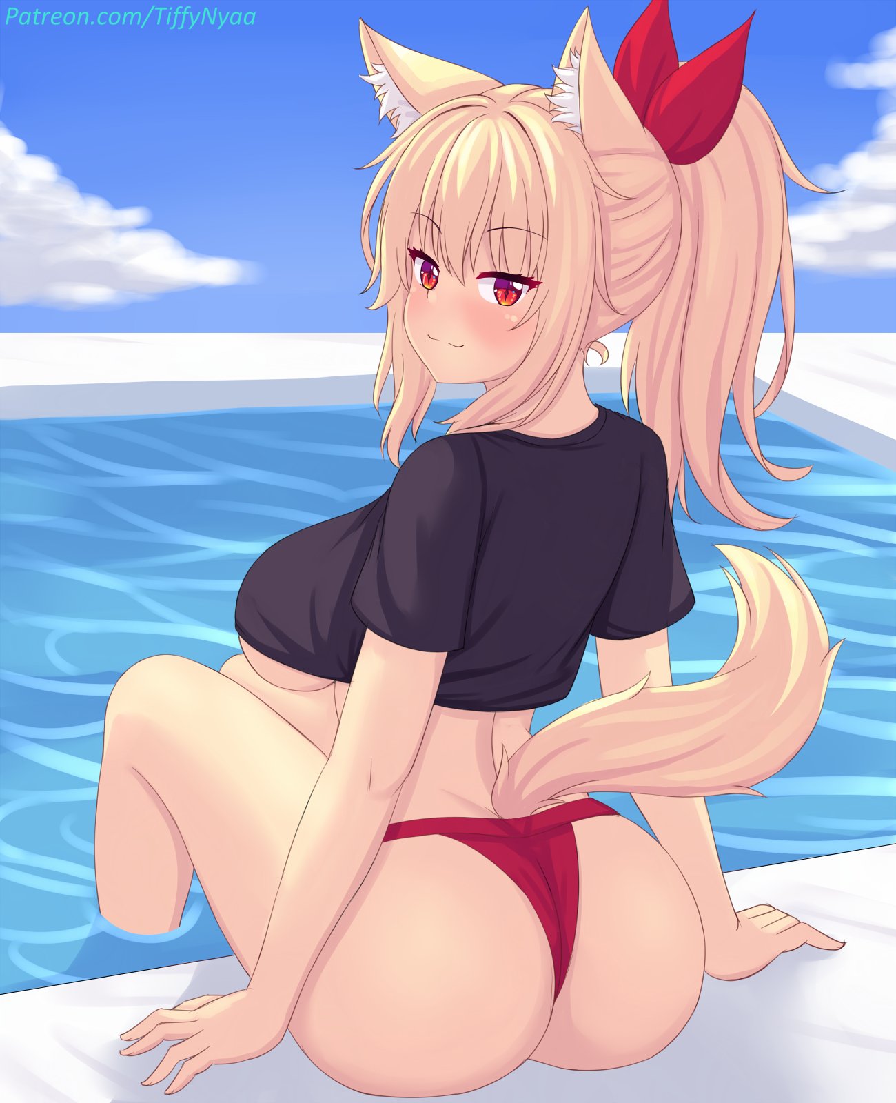 ass bikini_bottom blonde_hair cat_ears catgirl crop_top ponytail pool poolside tagme tail tiffy tiffynyaa underboob