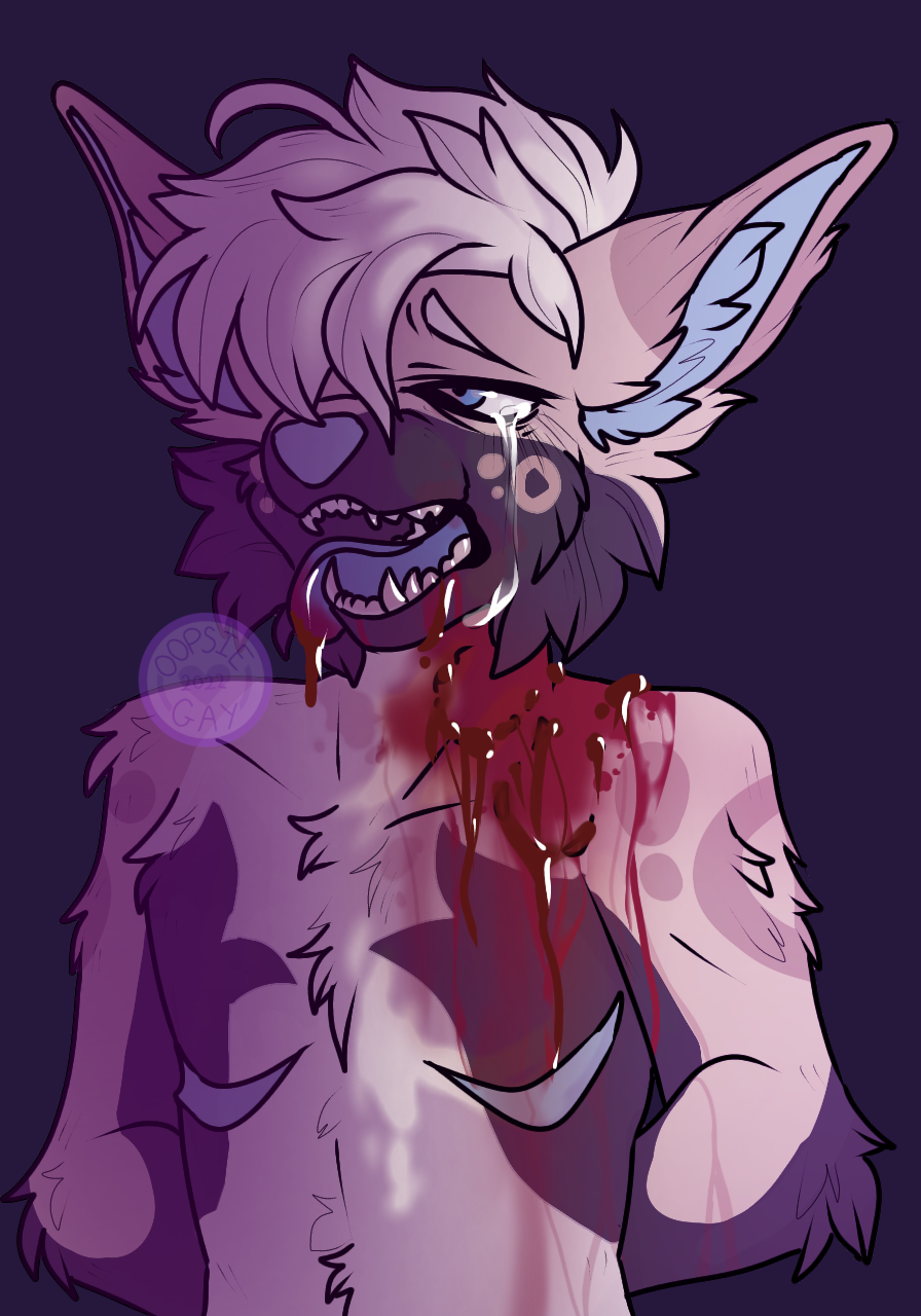 anthro beans_(oopsie-gay) bite blood blood_on_face blood_on_mouth bodily_fluids canid canine canis chest_scar domestic_dog excessive_blood fluffy hi_res male male_only mammal neck_bite oopsie-gay open_mouth pained_expression restraints scar solo submissive submissive_male tears teeth tongue tongue_out wounded