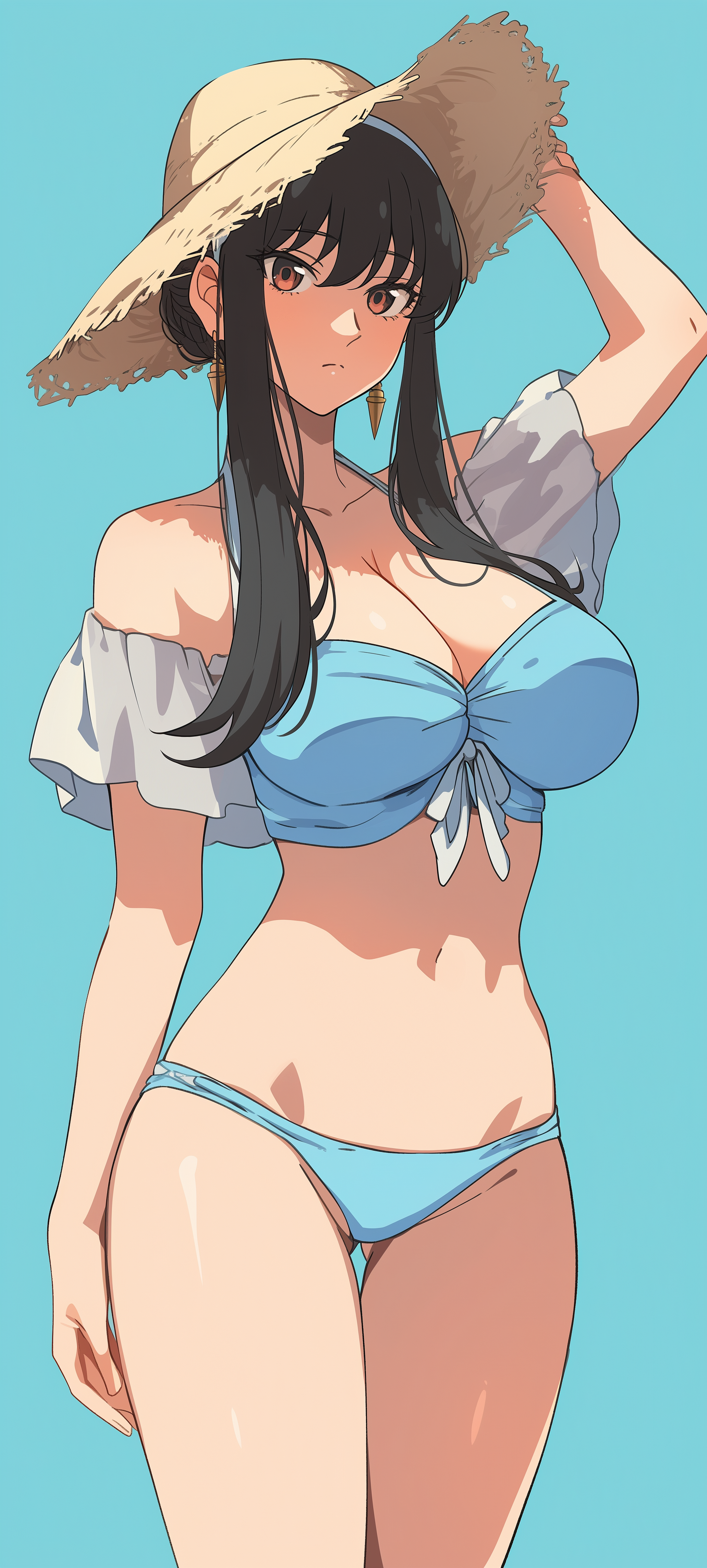 1girls, ai generated, black hair, earrings, female, female only, hat, headgear, nai diffusion, solo, spy x family, stable diffusion, sun hat, swimsuit, tagme, white skin, yor briar