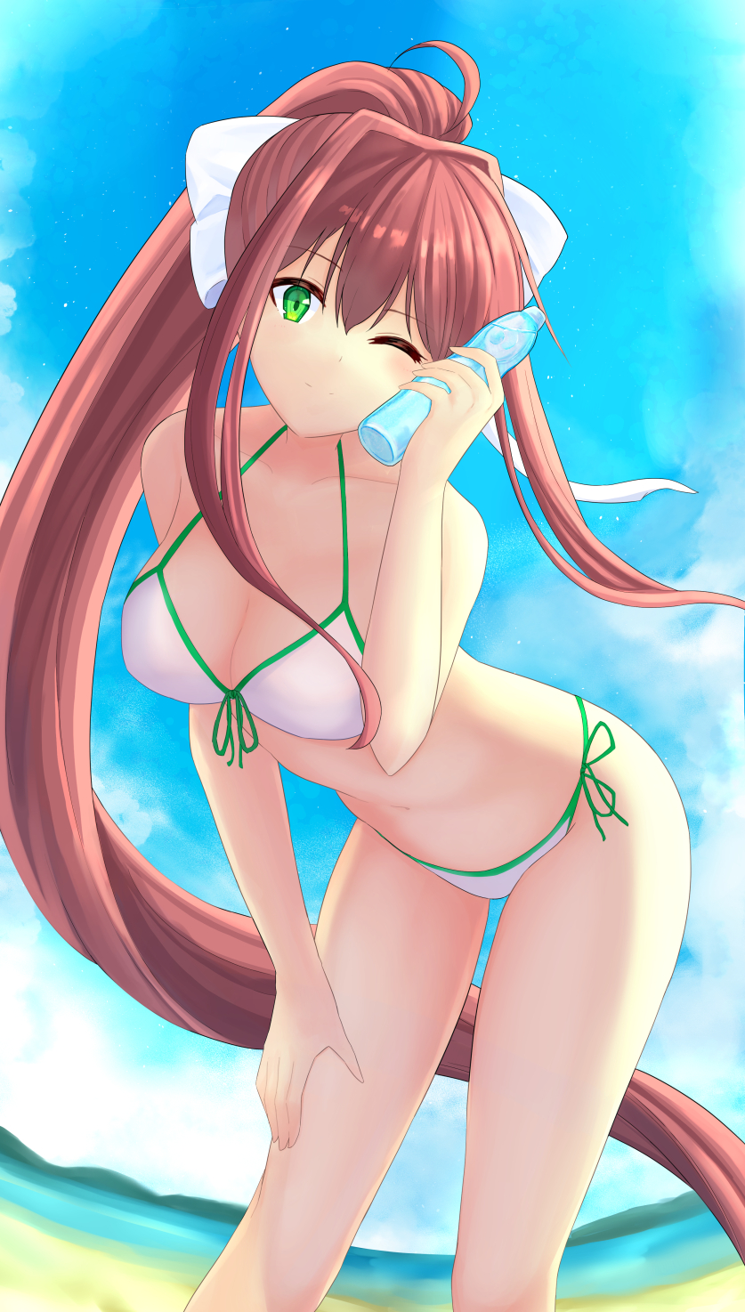 1girls absurdly_long_hair ahoge anime_style beach bending_forward bending_over big_breasts bikini breasts brown_hair cleavage cloud collarbone color doki_doki_literature_club elforein female female_only front-tie_bikini front-tie_top green_eyes hair_between_eyes hair_intakes hair_ribbon halterneck hand_on_own_thigh hand_up holding holding_bottle holding_object leaning_forward light_blush light_particles long_legs long_sidelocks looking_at_viewer monika_(doki_doki_literature_club) navel one_eye_closed ponytail sand seaside seductive side-tie_bikini_bottom sidelighting sidelocks sky smile solo sunlight swimsuit wavy_hair white_bikini white_bow white_ribbon wind