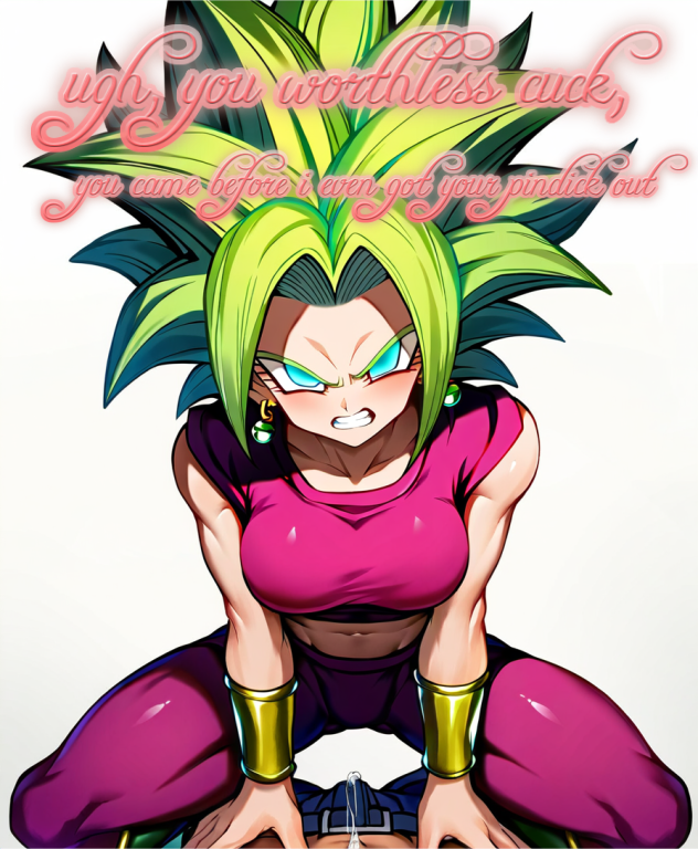 ai_generated angry angry_expression angry_face blue_eyes caption cuckold cuckold_pov cum_in_pants dragon_ball dragon_ball_super earrings gorilla4sale_(artist) gorilla4sale_artist) green_hair humiliation kefla netorare ntr pov premature_ejaculation riding small_penis small_penis_humiliation