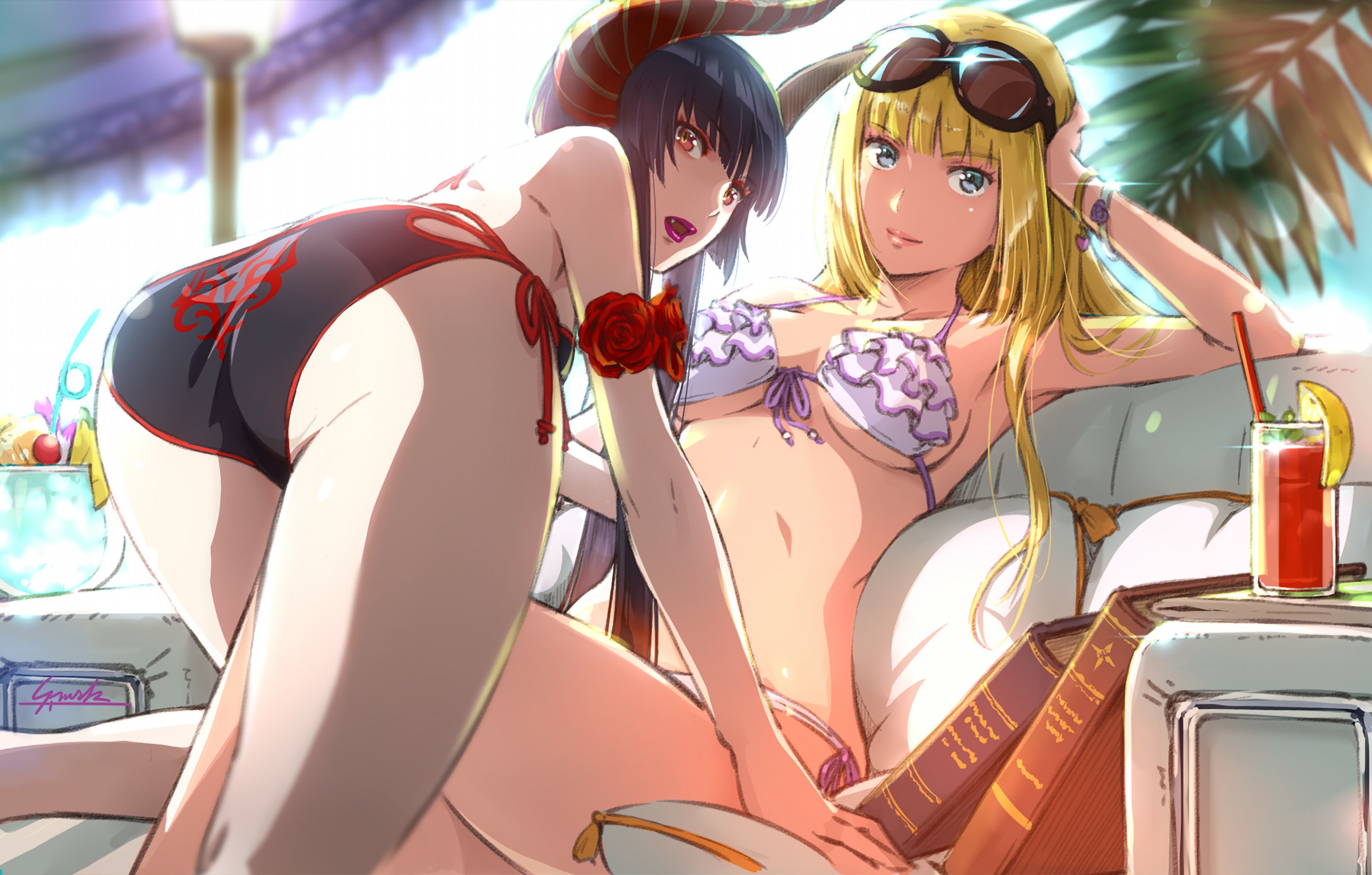 2d, 2girls, ass, beach, big ass, bikini, blonde hair, curved horns, eliza (tekken), emilie de rochefort, female, female only, horns, imminent sex, incest, namco, official, official art, outdoors, siblings, sisters, tekken, tekken 7, tekken 8, vampire, vampire girl, yuri