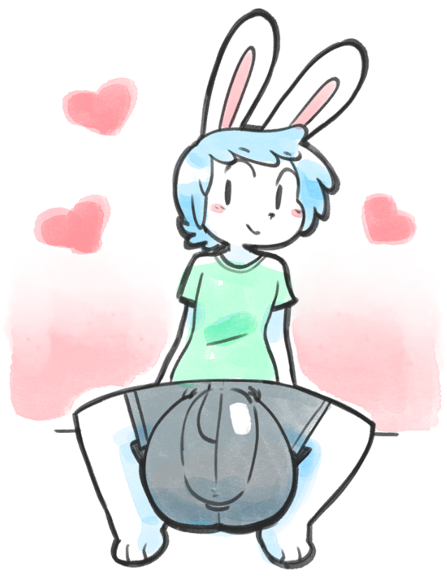 2020 angstrom anthro balls balls_outline big_balls big_bulge blue_hair blush bottomwear bulge clothed clothing cub genital_outline genitals hair heart huge_balls hyper hyper_balls hyper_penis lagomorph leporid male male_only mammal marco_(angstrom) penis penis_outline rabbit shirt shorts small_but_hung smile solo topwear young