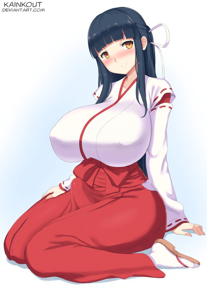 1futa black_hair blushing blushing_profusely breasts brown_eyes clothed clothing erect_nipples_under_clothes erection erection_under_clothes eyes_apart front_heavy_breasts fully_clothed futa_only futanari heavy_blush hime_cut huge_breasts human kainkout kimono kneeling light-skinned_futanari light_skin long_hair long_sleeves looking_at_viewer nipple_bulge penis red_clothing solo tenting thick_thighs wide_hips wide_sleeves yellow_eyes