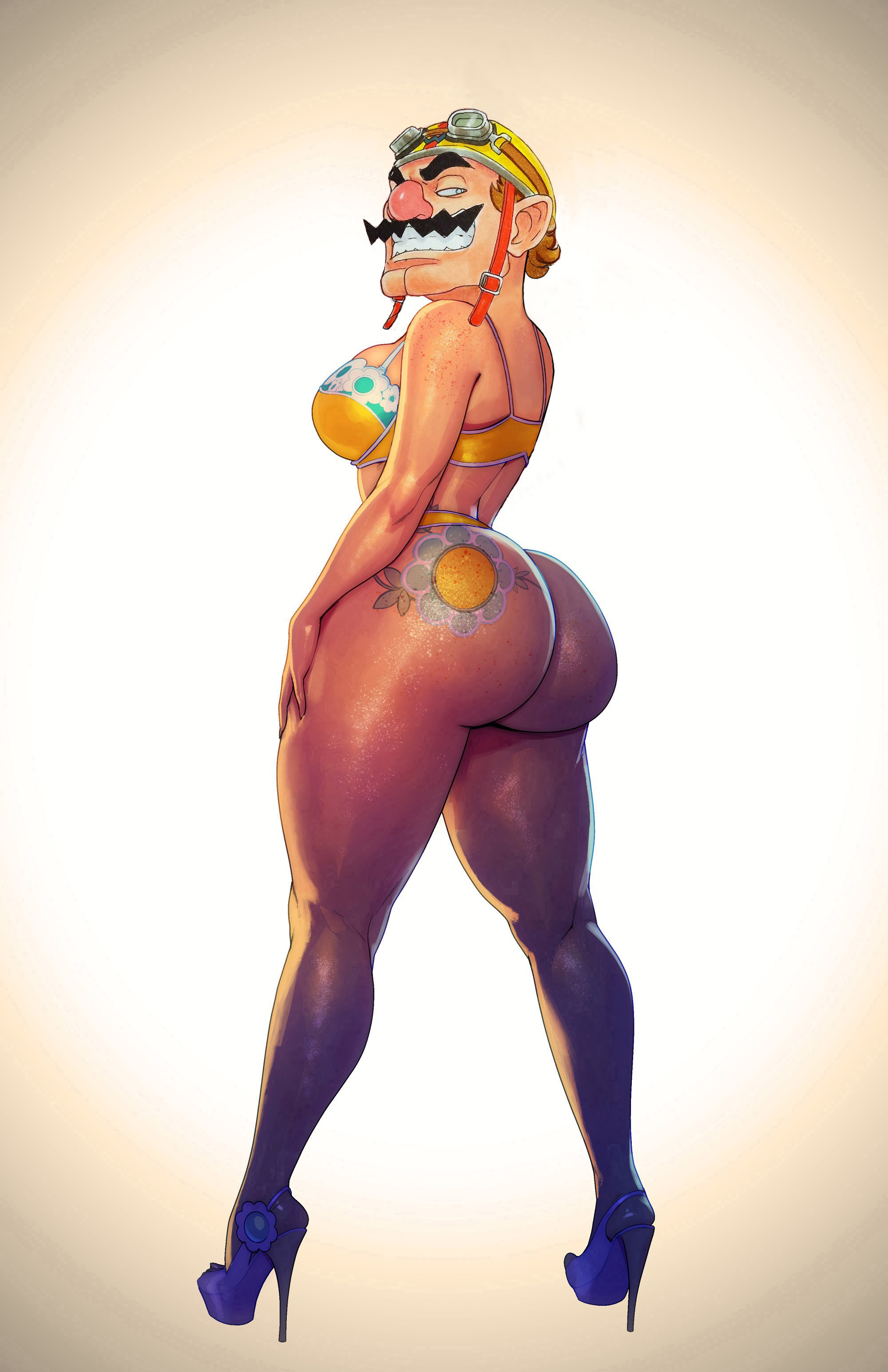 ass, bikini, breasts, female, genderswap, genderswap (mtf), grotesque, head swap, helmet, high heels, huge ass, male, male head/female body, mario (series), moustache, negarobo, platform heels, rule 63, thick thighs, ugly, venomkniight, wario, warioware, what