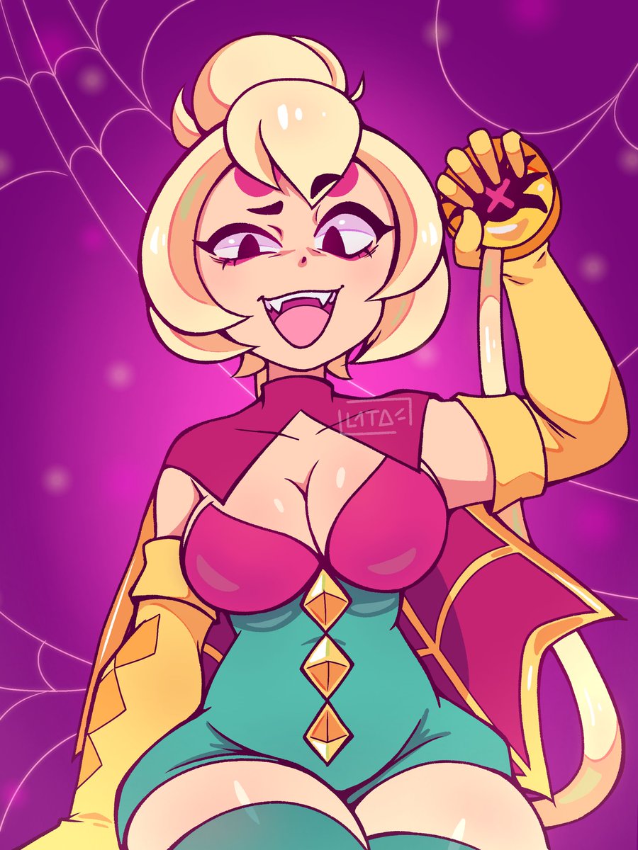 1girls, blonde hair, brawl stars, breasts, charlie (brawl stars), fangs, female, leotard, open mouth, smile, solo