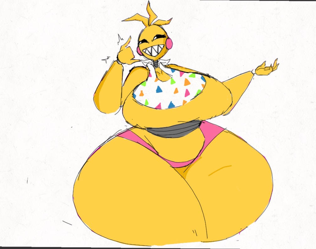 animatronic, animatronic female, beakless, chicken, chicken girl, featureless breasts, female, five nights at freddy's, five nights at freddy's 2, fnaf, large breasts, namesarenames, phasianid, robot, robot girl, scottgames, solo, thick thighs, toy chica (fnaf), wide hips, yellow, yellow skin
