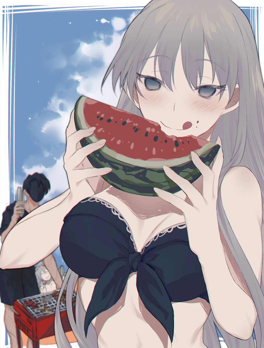 angelica_(library_of_ruina) argalia barbecue bikini bikini_top black_hair black_silence_(library_of_ruina) blue_eyes grey_hair library_of_ruina mask masked_male project_moon roland roland_(library_of_ruina) watermelon