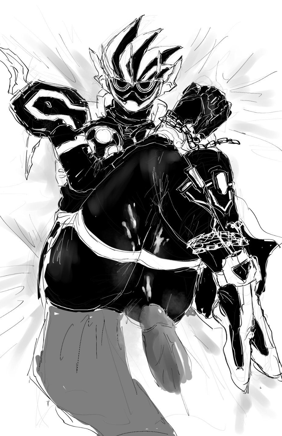 1boy ankles_tied armor armored_male bedding bedding_background bodysuit bondage chain_bondage chains cum cum_on_legs cum_on_thighs disembodied_penis ejaculation erect_penis erect_penis_after_sex erection feet_tied feet_up gay gay_sex hands_tied helmet kamen_rider kamen_rider_cronus kamen_rider_ex-aid_(series) knees_to_chest knees_up legs_together legs_up looking_at_viewer male male_focus male_only mask masked masked_male monochrome on_bed orgasm pov raised_legs sketch tied_ankles tied_hands yaoi