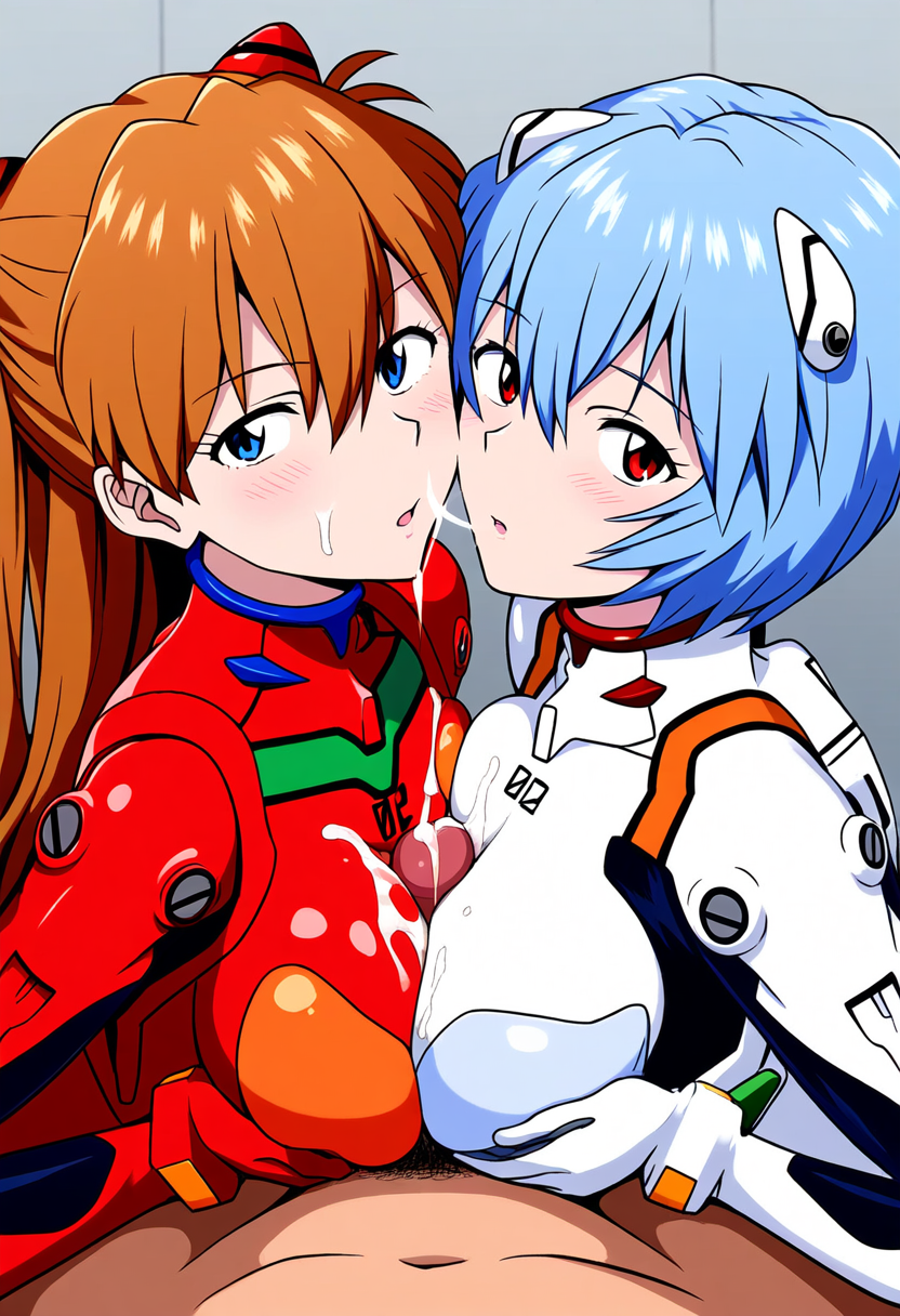 1boy 2girls ai_generated asuka_langley_sohryu ayanami_rei blush bodysuit breasts_pressed_together cooperative_paizuri cum_on_face double_paizuri eye_contact fully_clothed neon_genesis_evangelion neopn_genesis_evangelion novelai paizuri paizuri_over_clothes plugsuit poshdog pov pov_eye_contact rei_ayanami squished_breasts touching_breasts