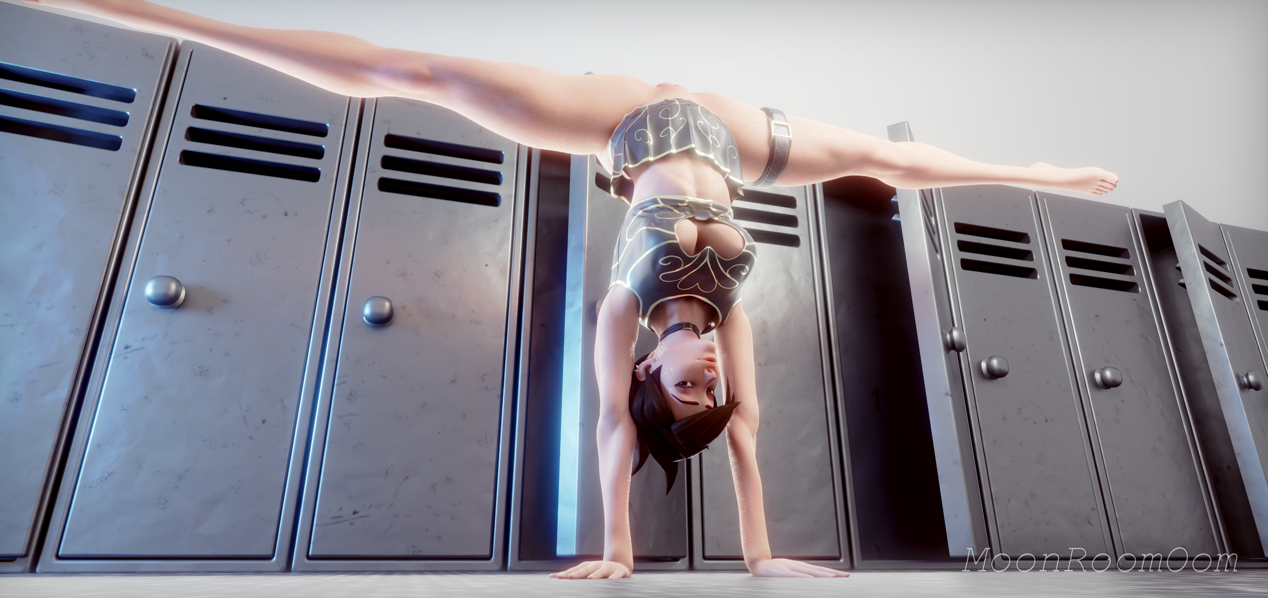 1girls, 3d, blizzard entertainment, breasts, brown hair, busty, cheerleader, cheerleader uniform, female, female only, handstand, heart, leather, leather belt, looking at viewer, moonroomoom, no panties, nopan, overwatch, presenting, presenting pussy, pussy, revealing clothes, solo, solo female, solo focus, splits, tagme, teasing, tracer