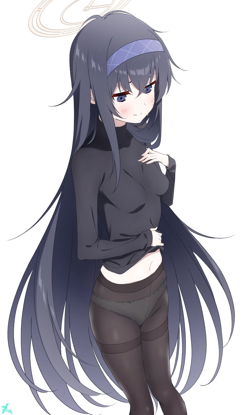 bare_belly belly_button black_hair black_shirt blue_archive blue_eyes blush breasts brown_pantyhose closed_mouth hairband halo long_hair long_sleeves makicha_(sasurainopink) no_pants panties panties_under_pantyhose pantyhose shirt_lift small_breasts thighs ui_(blue_archive) white_panties